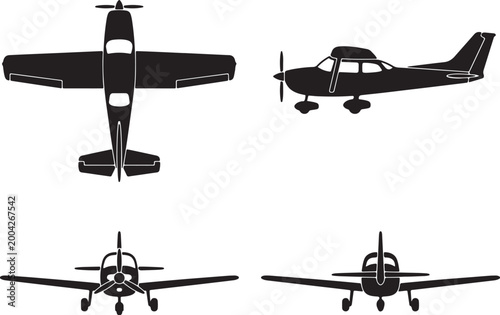 small airplane silhouette icons set side, front, back, and top views vector art illustration