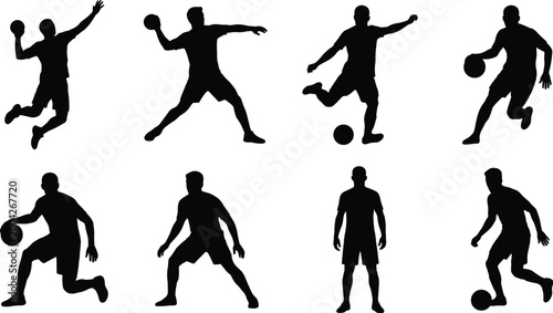 Set of basketball player silhouettes in action poses isolated on white background, dribbling, jumping, shooting, sports activity collection, dynamic athletic figures vector illustration