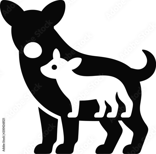 Minimalist black and white featuring a large dog silhouette with a smaller puppy shape inside, representing pet care, animal shelter, or veterinary services on a white background