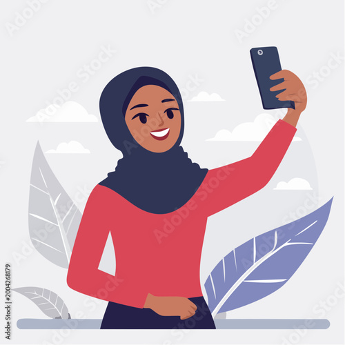 Woman in Hijab Taking a Selfie with Smartphone