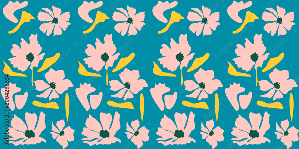Fototapeta premium A seamless floral pattern design featuring a colorful nature illustration with flowers, leaves, and summer plants for a vector wallpaper texture