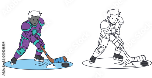 Cartoon ice hockey player skating with stick and puck. Colorful vector illustration and black and white line art outline version for children coloring book page.
