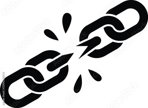 A black and white of a broken metal chain link, with two distinct segments separated by a gap and small decorative droplet shapes indicating a sudden snap or forceful break