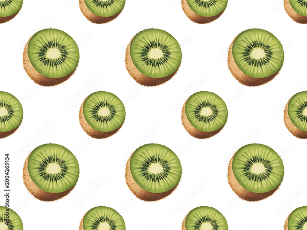 Fototapeta premium Watercolor Kiwi Seamless Pattern on White Background, Hand Painted Kiwi Fruit Repeat Pattern Design, Fresh Green Kiwi Slice Watercolor Background