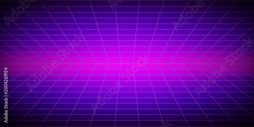 Glowing neon wireframe background. Purple shining checkered grid planes in perspective. Bright retro futuristic horizon wallpaper. Arcade game sci fi matrix surface. Vector backdrop for poster, banner