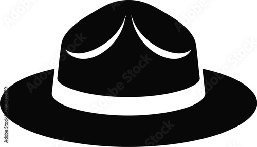 A flat black and white of a classic wide-brimmed ranger hat, also known as a campaign hat, featuring a distinct pinched crown, isolated on a white background, for uniform identification