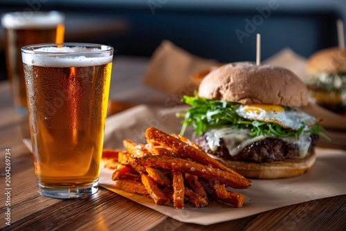 glass of beer and hamburger and fried potatos in the bar