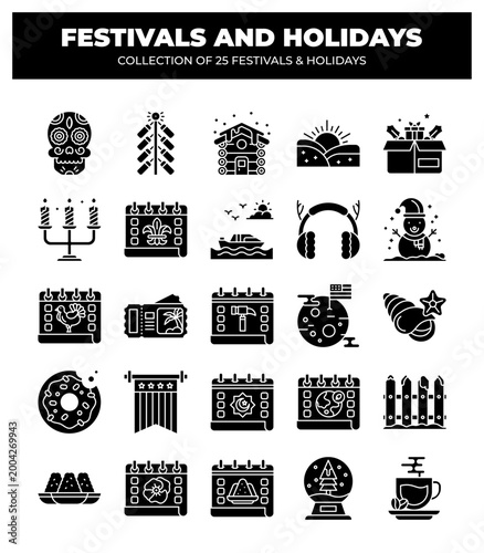 Collection of 25 Festivals and Holidays. Icons and Symbols