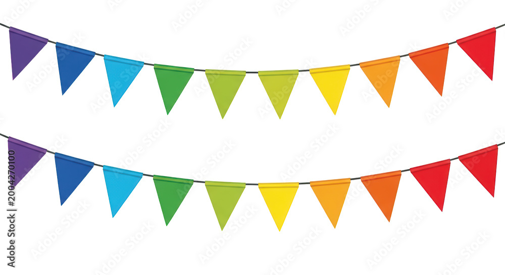 Obraz premium Rainbow colored triangular bunting flags garland for party and celebration isolated on transparent background