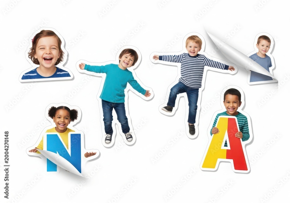 Obraz premium Diverse children learning with colorful alphabet letters fun white background