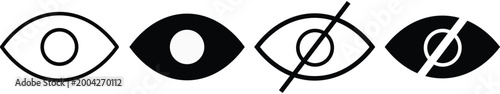 Minimalist eye icon set for visibility and privacy, black and white vision symbols, show and hide password interface elements, vector graphic