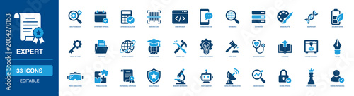 Professional Specialist and Expert Glyph Icon Collection Verifying Analytics Appointment Barcode Consultation DNA Archive Graduate Hammer Innovation Gavel Package Nib Robot Compass Book