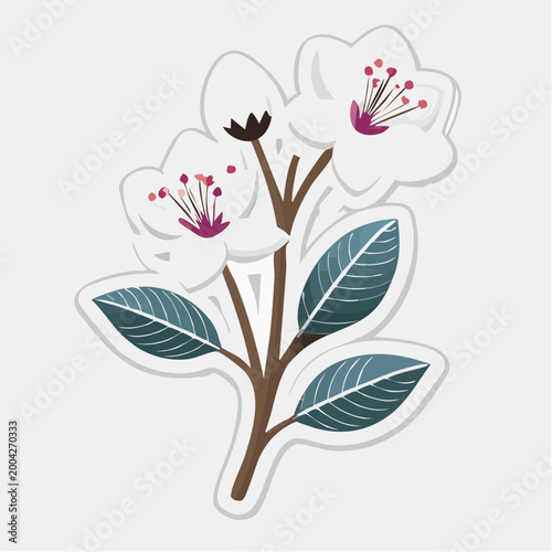 Stylized White Cherry Blossoms with Teal Leaves