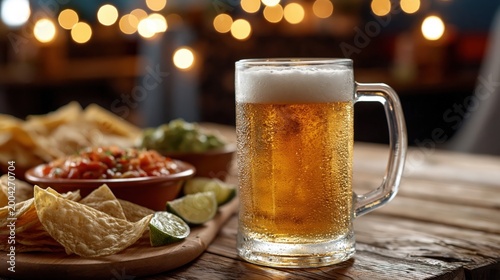 mug of beer and Tortilla chips and salsa