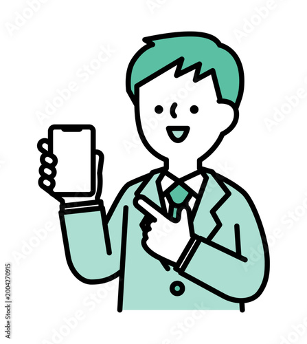 画面を見せながらスマホを指差す笑顔の男性のイラスト