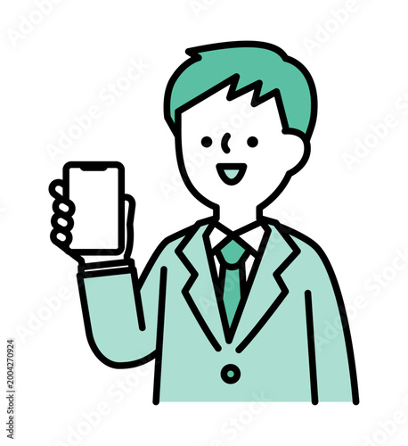 スマートフォンの画面を見せる笑顔の男性のイラスト