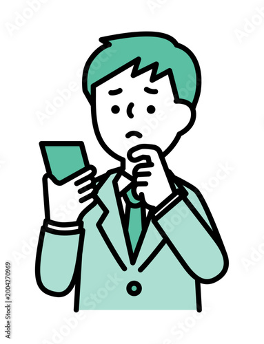 スマホを見ながら悩んでいる男性のイラスト