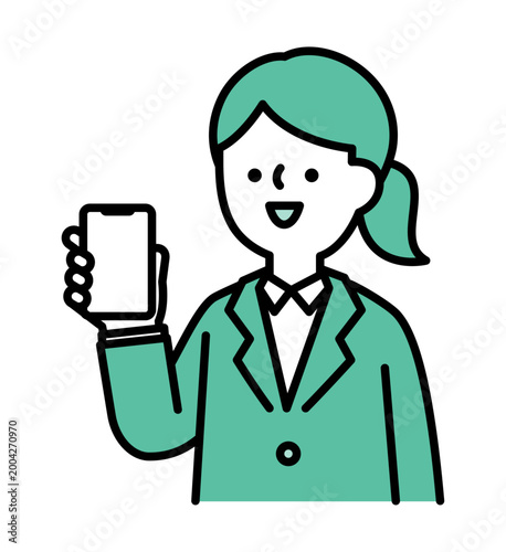 スマートフォンの画面を見せる笑顔の女性のイラスト