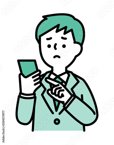 困り顔のスマホを操作する男性のイラスト
