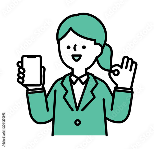 OKジェスチャーをしながらスマホを見せる笑顔の女性のイラスト