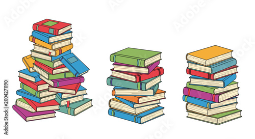 Three tall stacks of colorful hardcover and softcover books arranged neatly to represent learning, school education, and reading literature.