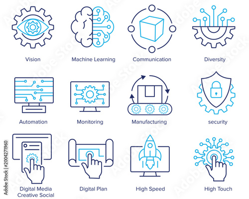 Technology and Industrial Icons, Modern technology and industrial icons set featuring automation, manufacturing, robotics, and digital systems.