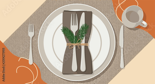 Elegant table setting seen from a top view with a white plate, cutlery wrapped in a napkin with a pine sprig, and a cup on a textured mat.