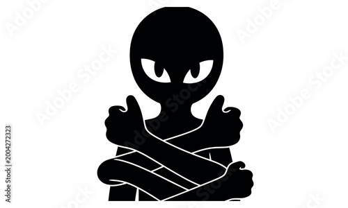Black silhouette of a cartoon alien character crossing arms with a serious expression Vector, illustration cartoon art