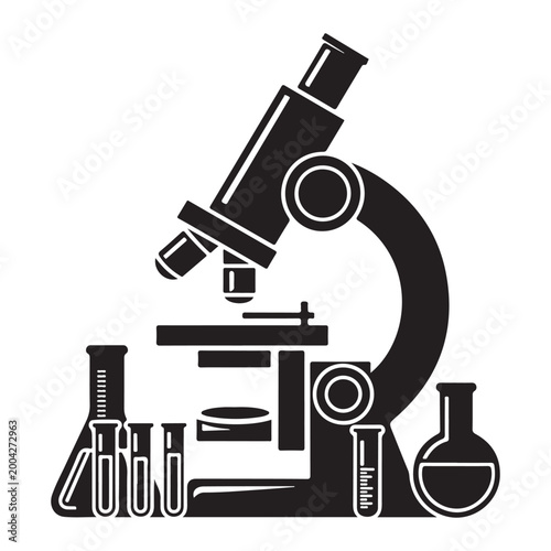 Microscope with test tubes and laboratory equipment