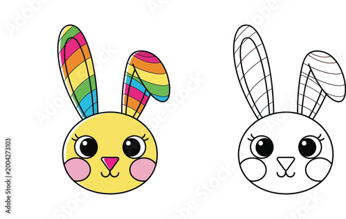 Cute kawaii bunny head vector illustration with rainbow ears and black and white coloring page outline design for kids.
