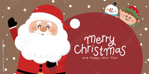 Merry Christmas and happy new year greeting card with cute Santa Claus, elf, sack and snowman. Holiday cartoon characters set. -Vector