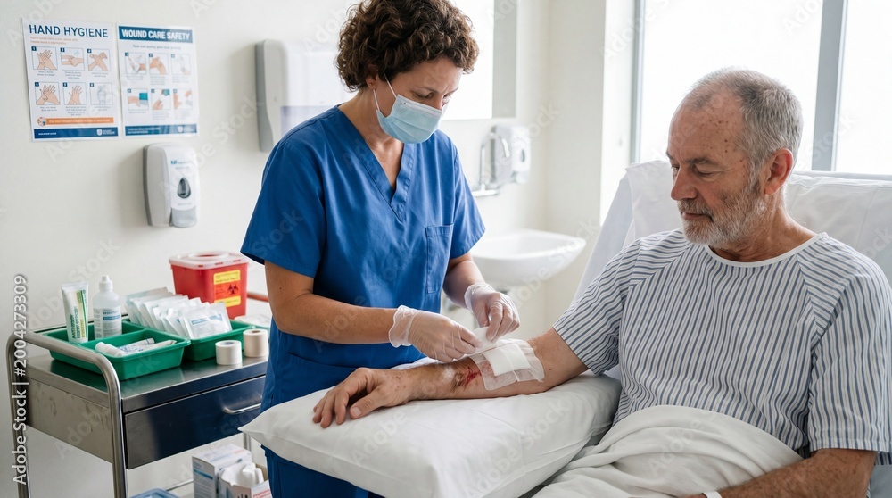 Obraz premium Nurse in blue uniform changing wound dressing on elderly male patient arm in hospital room, sterile environment, medical care, healing process, calm atmosphere, healthcare professional