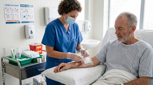 Nurse in blue uniform changing wound dressing on elderly male patient arm in hospital room, sterile environment, medical care, healing process, calm atmosphere, healthcare professional