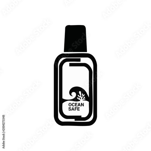 Ocean safe sunscreen bottle. Reef friendly cosmetic product vector illustration. Black and white icon for environmental protection and skincare
