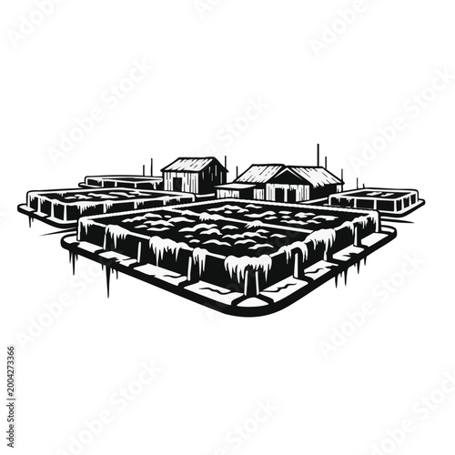 Industrial waste ponds and evaporation basins. Black and white vector illustration of factory site. Environmental pollution and chemical runoff concept