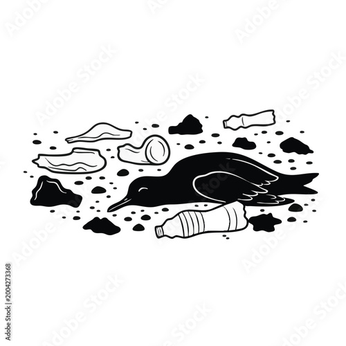 Dead bird with plastic waste and trash. Environmental pollution and marine life impact concept. Black and white vector illustration isolated