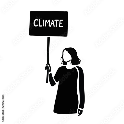 Activist holding climate protest sign. Environmental awareness and social movement concept. Black and white vector illustration isolated