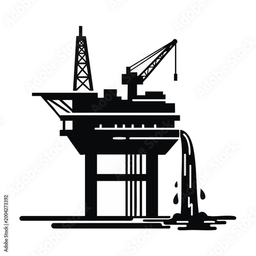 Offshore oil rig with massive spill and leak. Industrial pollution and environmental disaster concept. Black and white vector illustration isolated