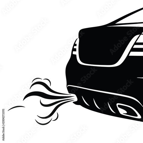 Car exhaust pipe with thick smoke emissions. Air pollution and carbon footprint concept. Black and white vector illustration isolated