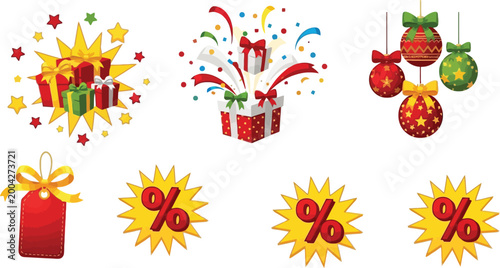 PrintHoliday sale elements set gift boxes discount labels percent signs and Christmas ornaments festive vector illustration collection