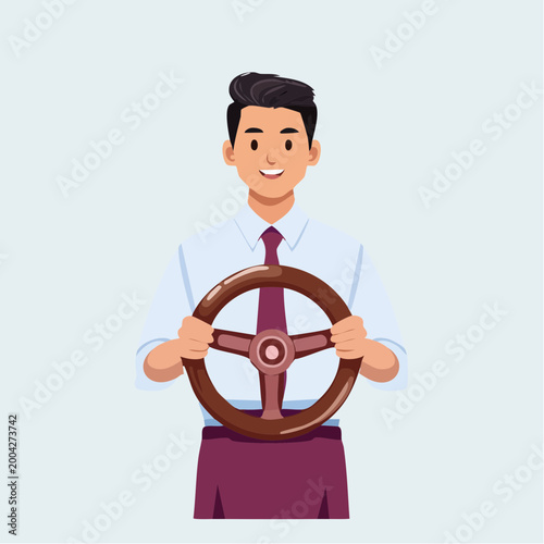 Man in Suit Holding a Steering Wheel