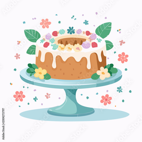 Festive Cake with Icing and Fruit Decoration