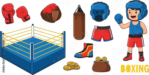 Boxing set gloves ring punching bag helmet shorts shoes and boxer character sports vector illustration collection