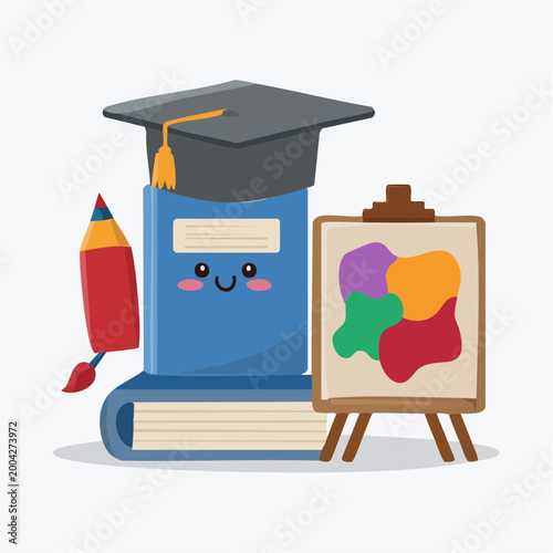 Cute Cartoon Graduation Cap on Books with Art Supplies