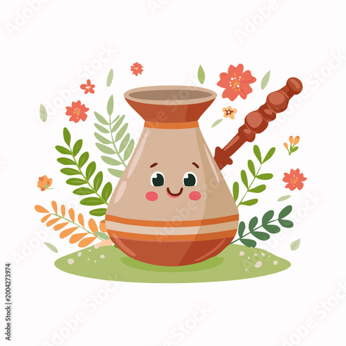 Cute Cartoon Cezve with Flowers and Leaves