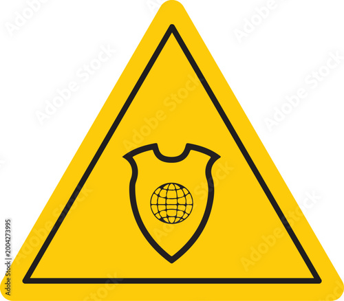 Global security warning sign shield with globe icon inside a yellow triangle representing international protection and safety alerts