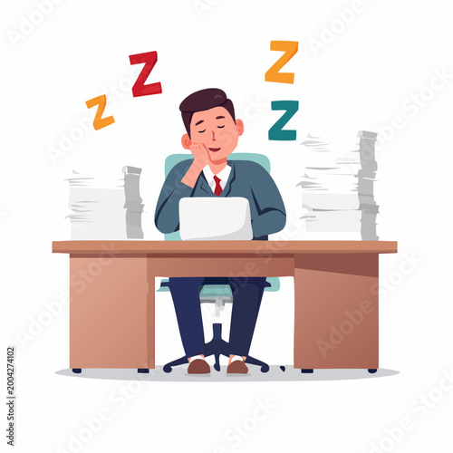 Businessman sleeping at desk with stacks of paperwork
