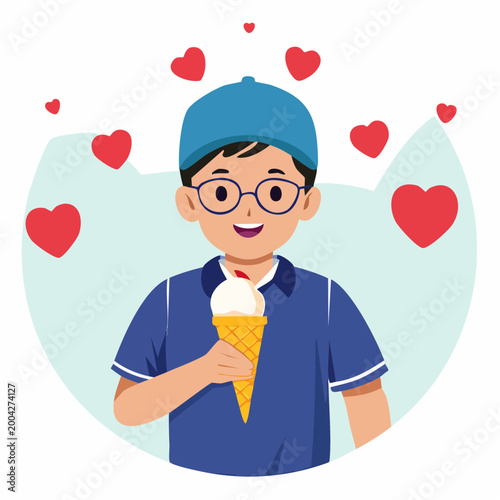 Boy Enjoying Ice Cream with Hearts