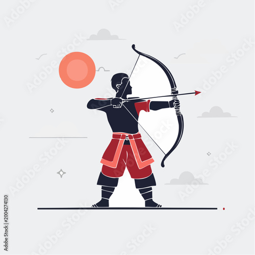 Archer aiming bow and arrow, stylized illustration
