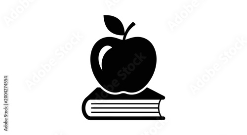Simple vector illustration of a black apple icon placed neatly on top of a closed textbook representing academic learning and healthy eating for students today